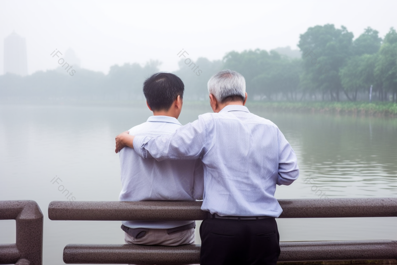 中老年父子公园湖水长椅上休息背影,高清,摄影图,摄影图片,图片大全,摄影图免费下载